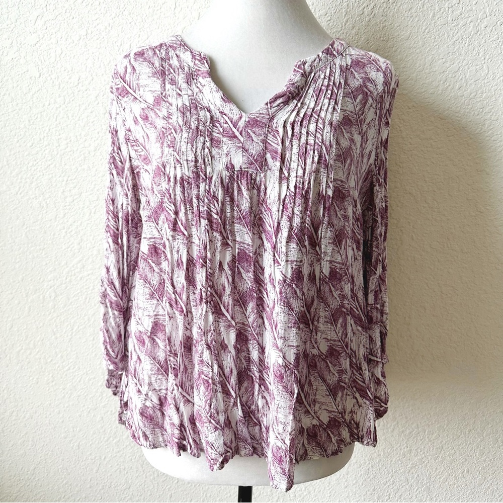 Merona • Plum Botanical Print Boho Peasant Blouse Flowy Gauze Top